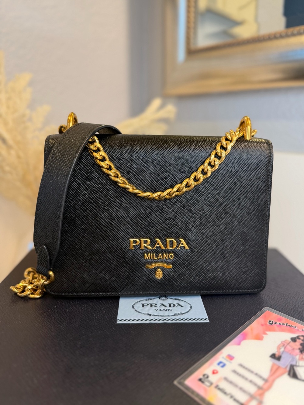🎀PRADA Saffiano Lux Metal Logo Mini Chain Flap Crossbody Bag Black